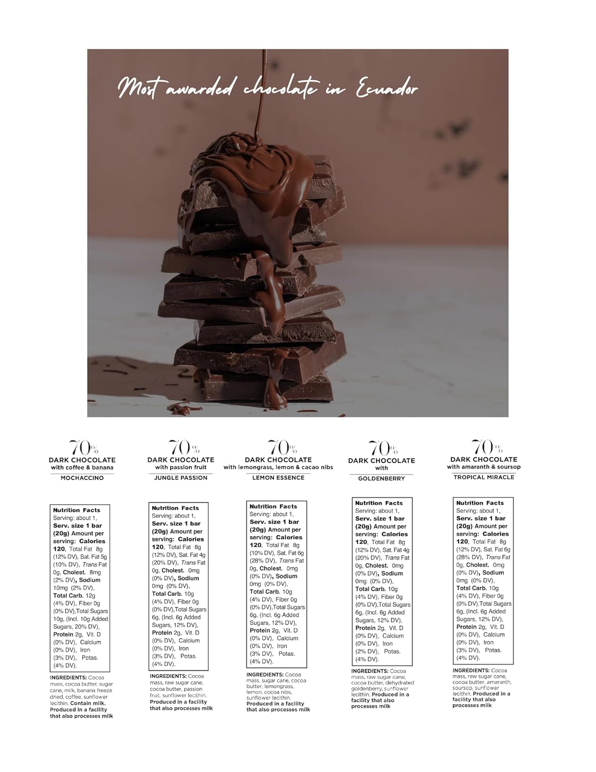 Ecuadorian Dark Chocolate 70% Variety Pack – Tropical Flavors Mini Bars (10 x 20g) – Fine Aroma Cacao